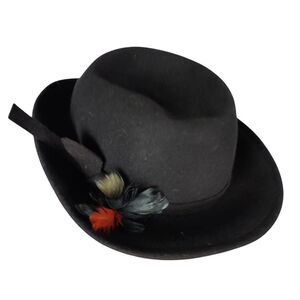 VINTAGE DOESKIN FABINI Bowler‎ Hat Womens Felted Wool Black Feather USA Flapper
